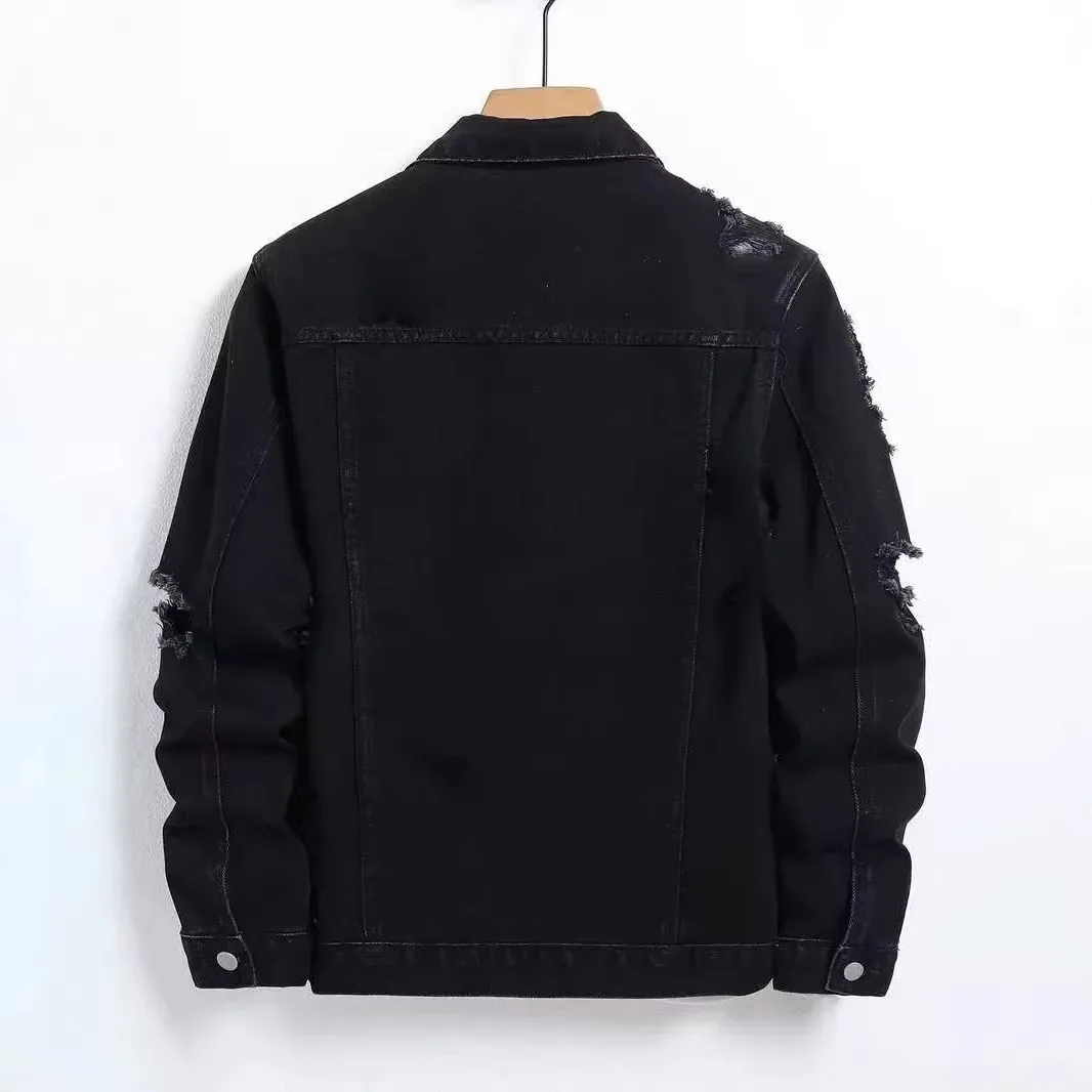 New Fashion Autumn Winter Men Black Solid Color Turn-down Collar Long Sleeve Single Breasted Casual Trendy Denim Jackets Coats