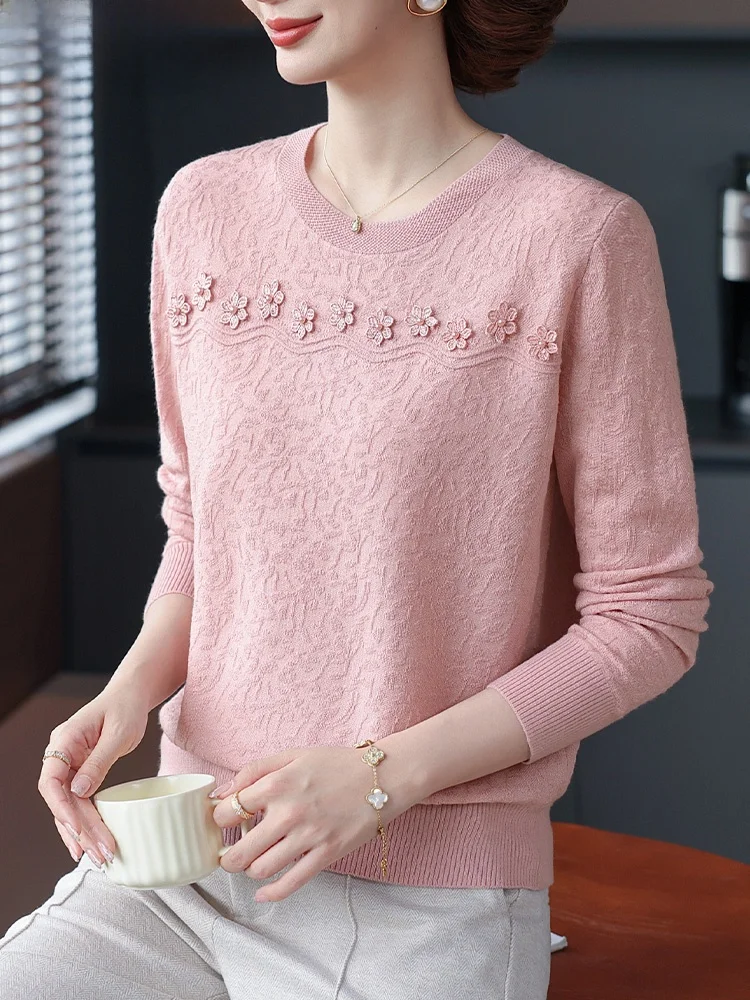 

Ele Knitted Sweater Autumn Collection Base Layer Top for Middle-Aged Women Sli Korean Version Loose Fit round Ne