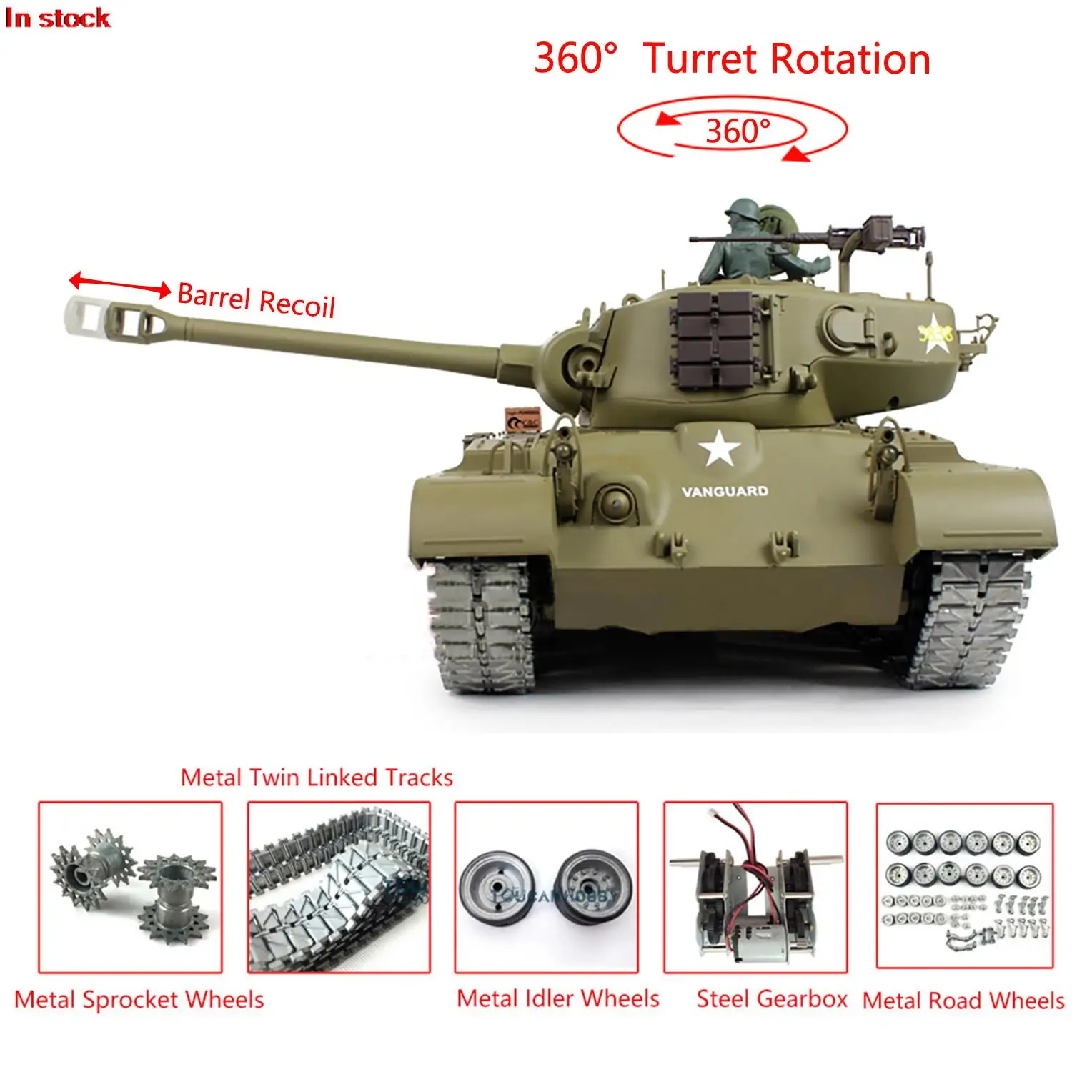 

HENG LONG 1/16 7.0 M26 Pershing RTR RC Tank 3838 Barrel Recoil 360° Turret Full Metal Bearing Gearbox Tracks BB Gun TH20326-SMT4