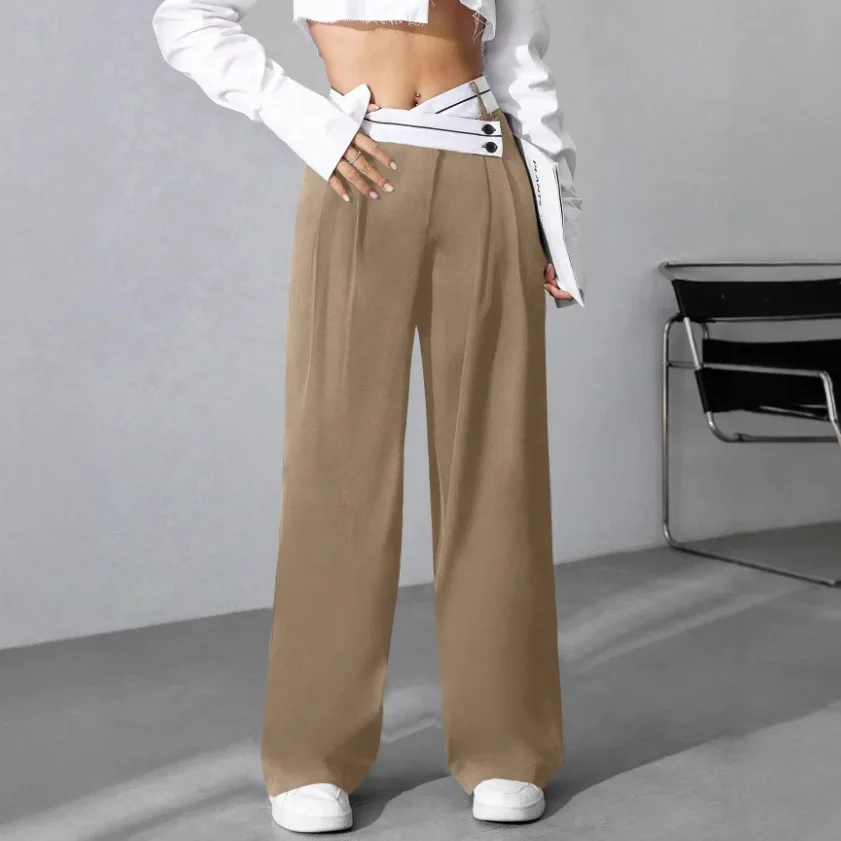 Elegant High Waist Wide Leg Pants Color Block Cross Waist Design Spring Summer New Arrival Women's Fashion Commute Style Poly...