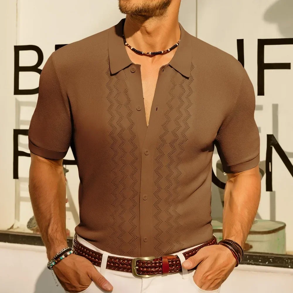 Pop Men's Knitted Shirts Summer New Fashion Green Khaki Brown Solid Color Turn-down Collar Short Sleeve Shirts Male Clothes Tops