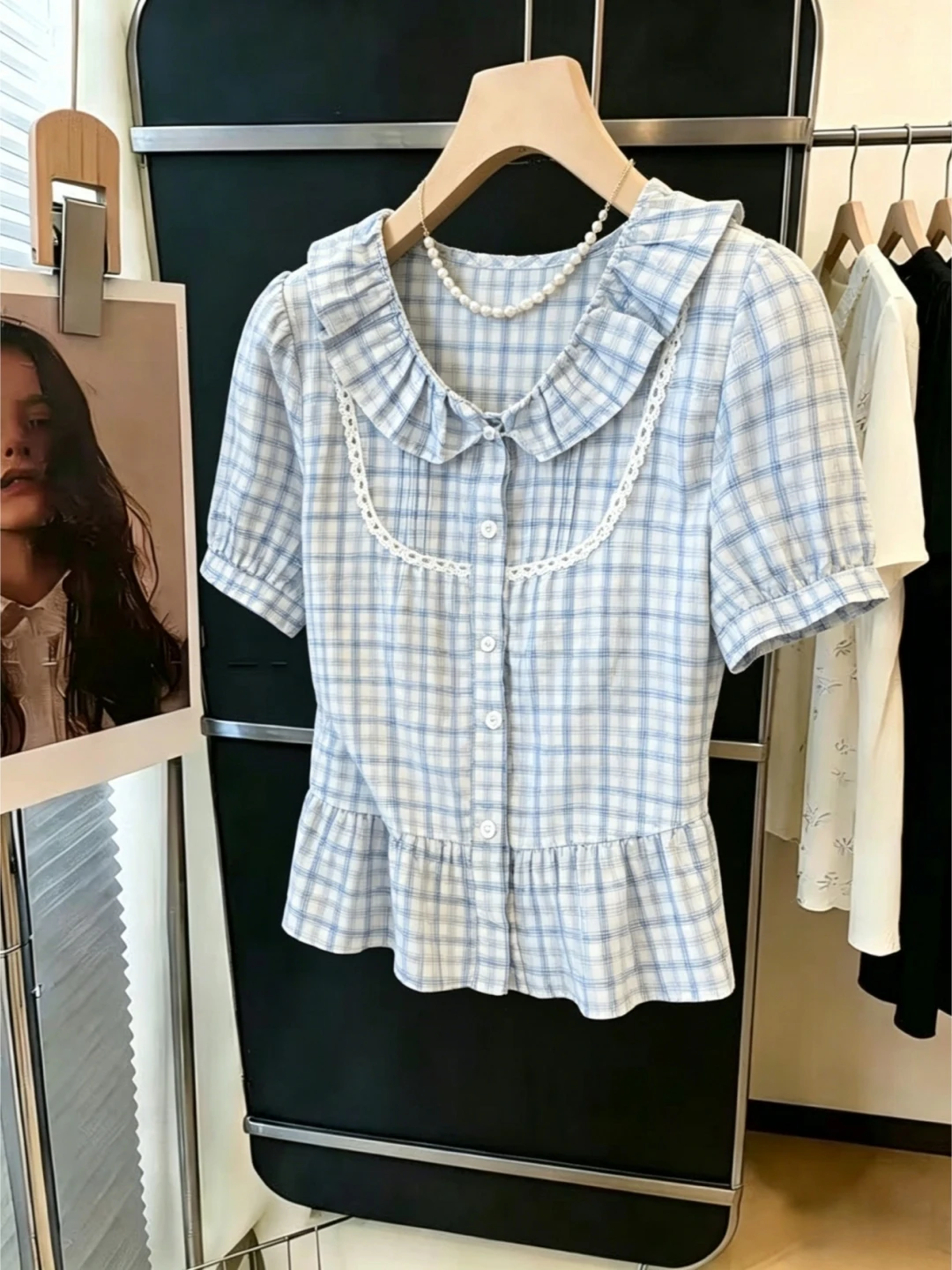 

Sweet Style Short Sleeve Ruffle Hem Baby Doll Collar Lace Splice Slimming Top Women's Fashion Summer New Polyester Fiber