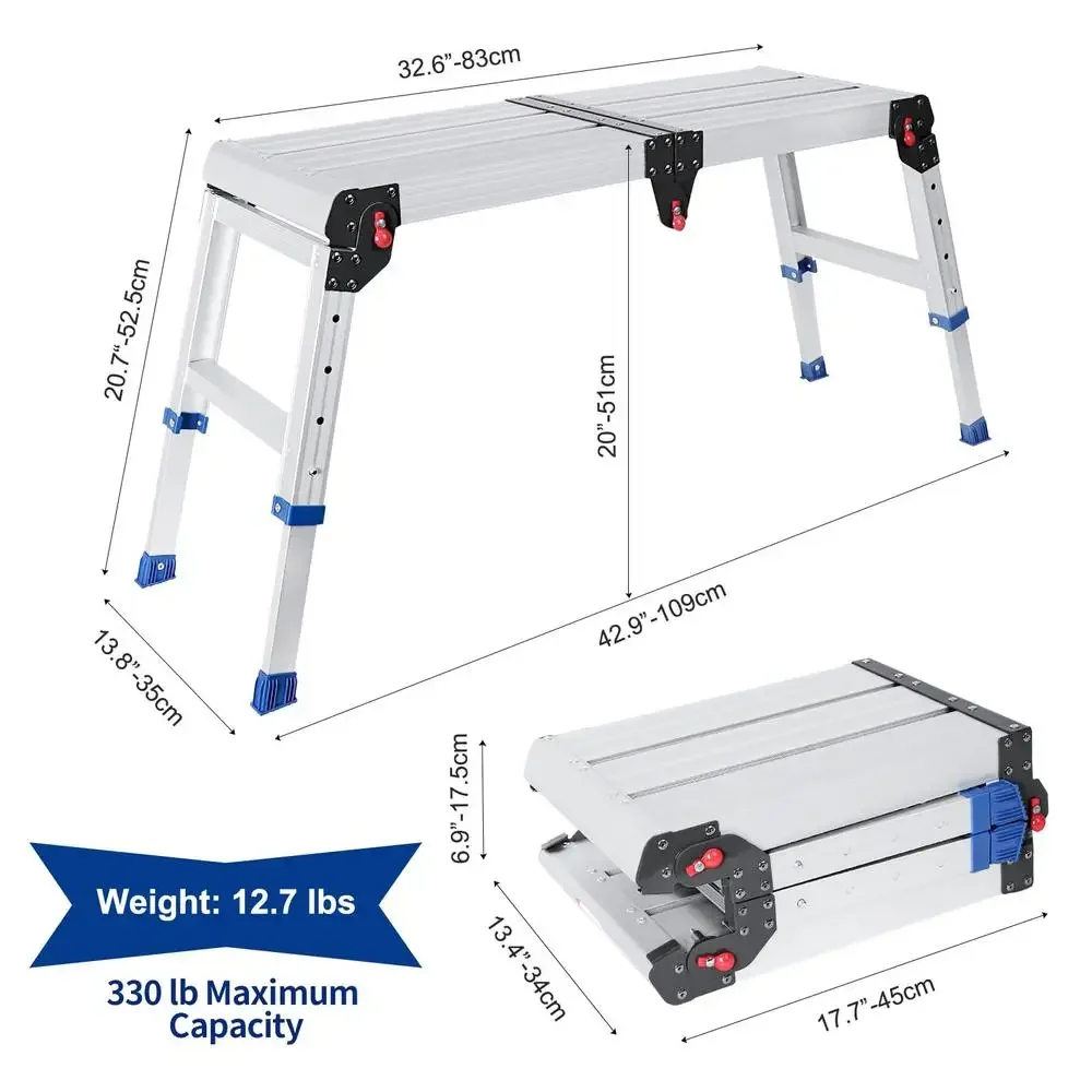 調節可能なアルミニウム製折りたたみ式作業プラットフォーム、滑り止めステップスツール、高さ調節可能なキャリーハンドル、容量330ポンド、簡単な取り付け