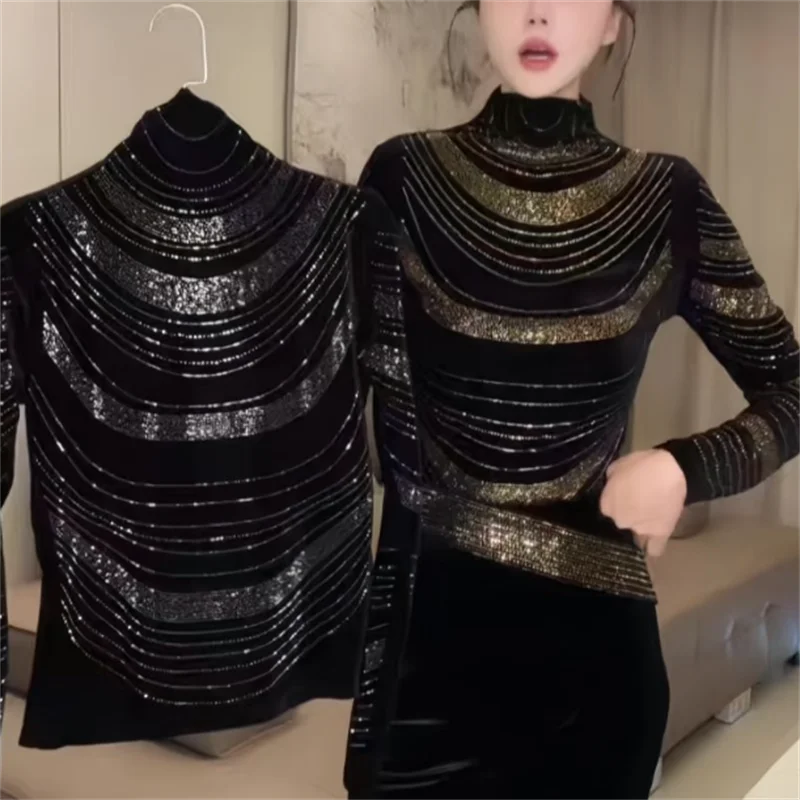 الماس التي شيرت المرأة عالية الرقبة تي شيرت طويلة الأكمام الساطع قاعدة أعلى ربيع الخريف امرأة عادية التي شيرت الشارع الشهير المحملة