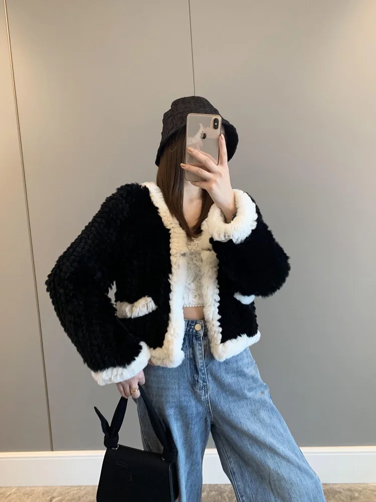 2023 New Winter Women 100% Natural Real Rex Rabbit Thick Fur Coat Warm Jacket Loose Knited Quality Luxury Full Sleeves