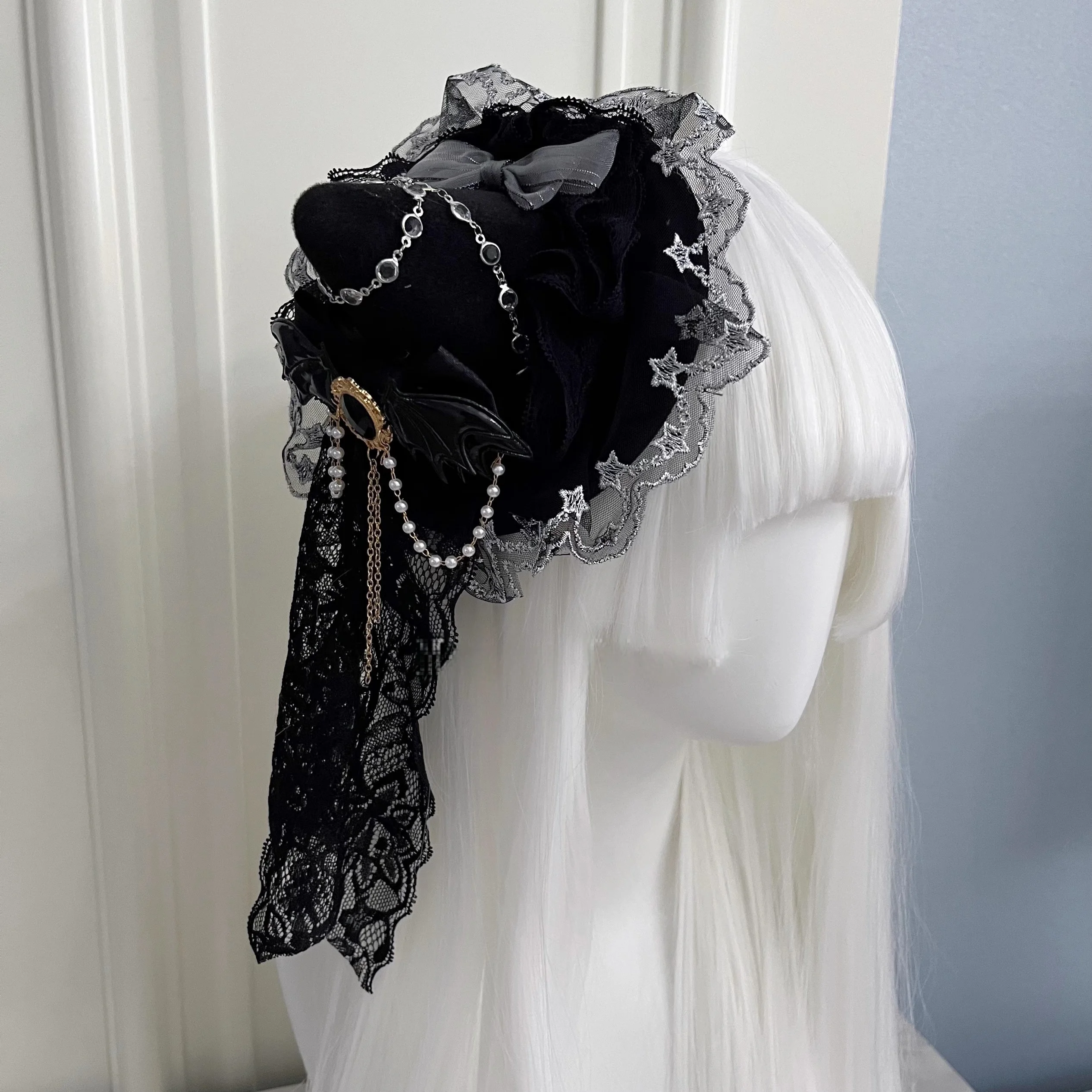 Handmade Lolita Gothic Flat Hat Subculture Dark Punk Halloween Magic Girl Top Hat Women Cosplay Versatile Lolita Witch Headdress