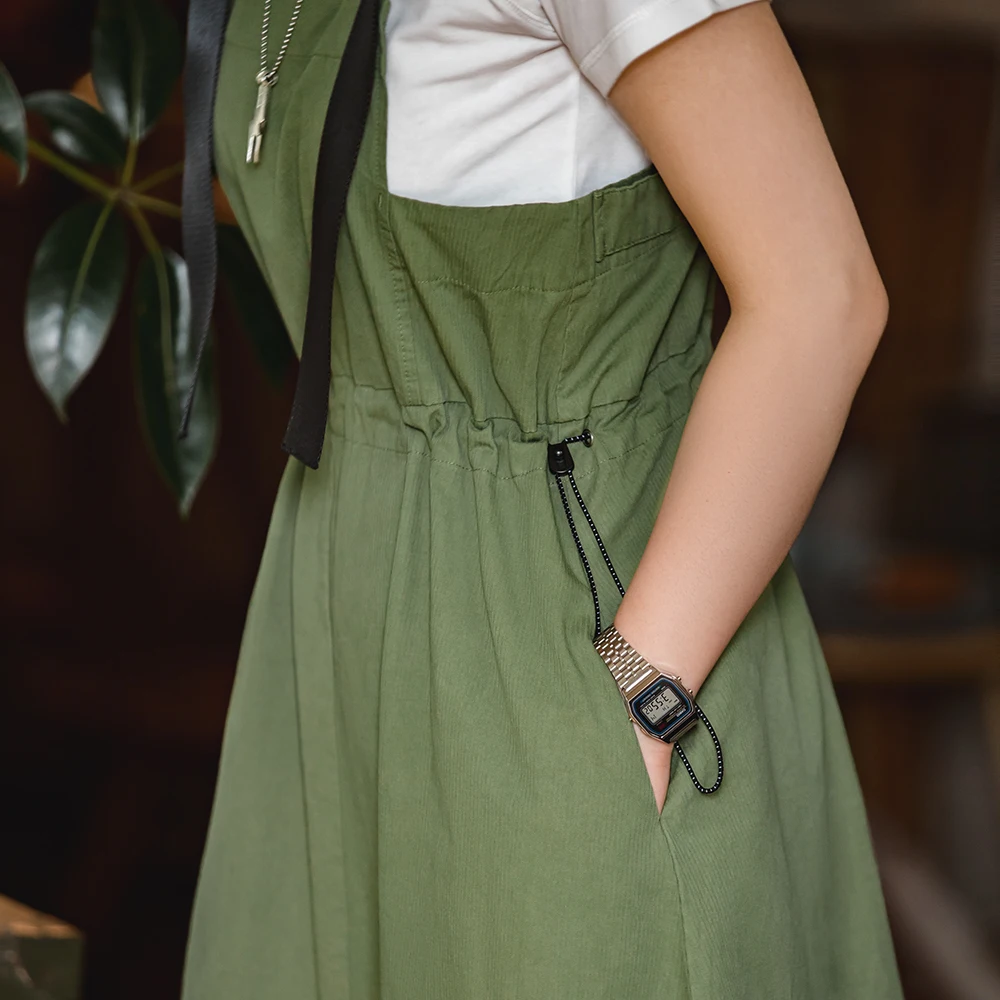 Maden Summer Green Strap Dress for Women Long Dress Adjustable Loose Vintage Style Cargo Sleeveless Dress Casual Wear