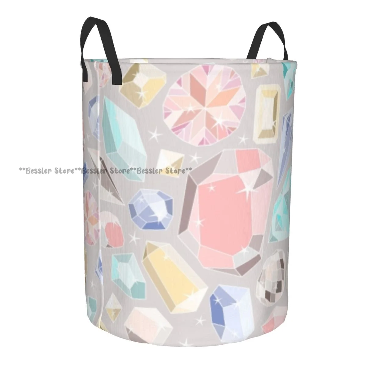 Laundry Basket Colorful Diamond Gemstone Rich Feminine Round Storage Bin Collapsible Hamper Clothes Bucket Organizer