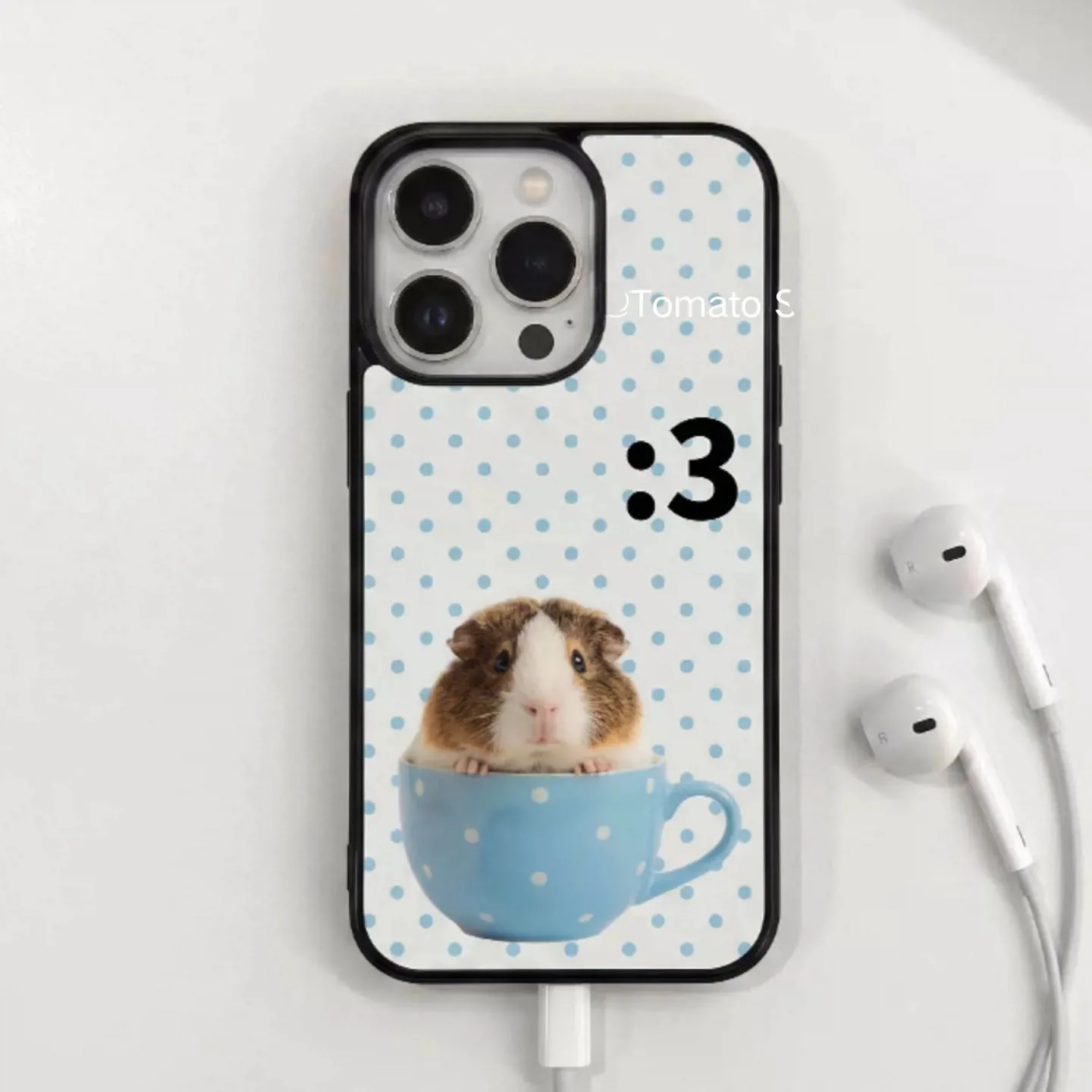 Korean INS Cute Guinea Pig Blue Polka Dot Teacup Phone Case For iPhone 18 17 16 15 14 13 12 11 Pro XR XS Max Plus Matte Cover