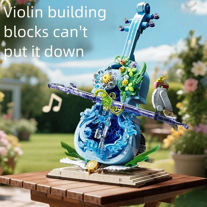 Violin building block assembly model, movable strings can be added with building blocks, Bluetooth speaker, Valentine's Day gift