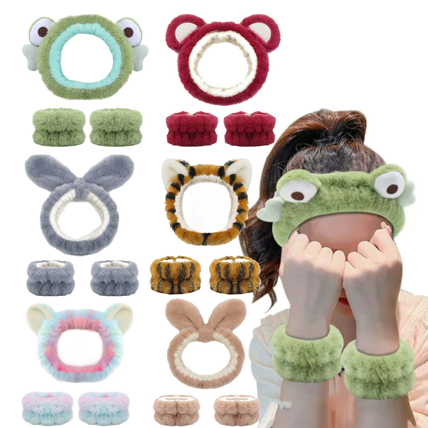 

3pcs Cute Cat Ear, Rabbit,Frog, Bear Headband For Women Girls Spa Washing Face and Makeup Headband Elastic Wrist Strap