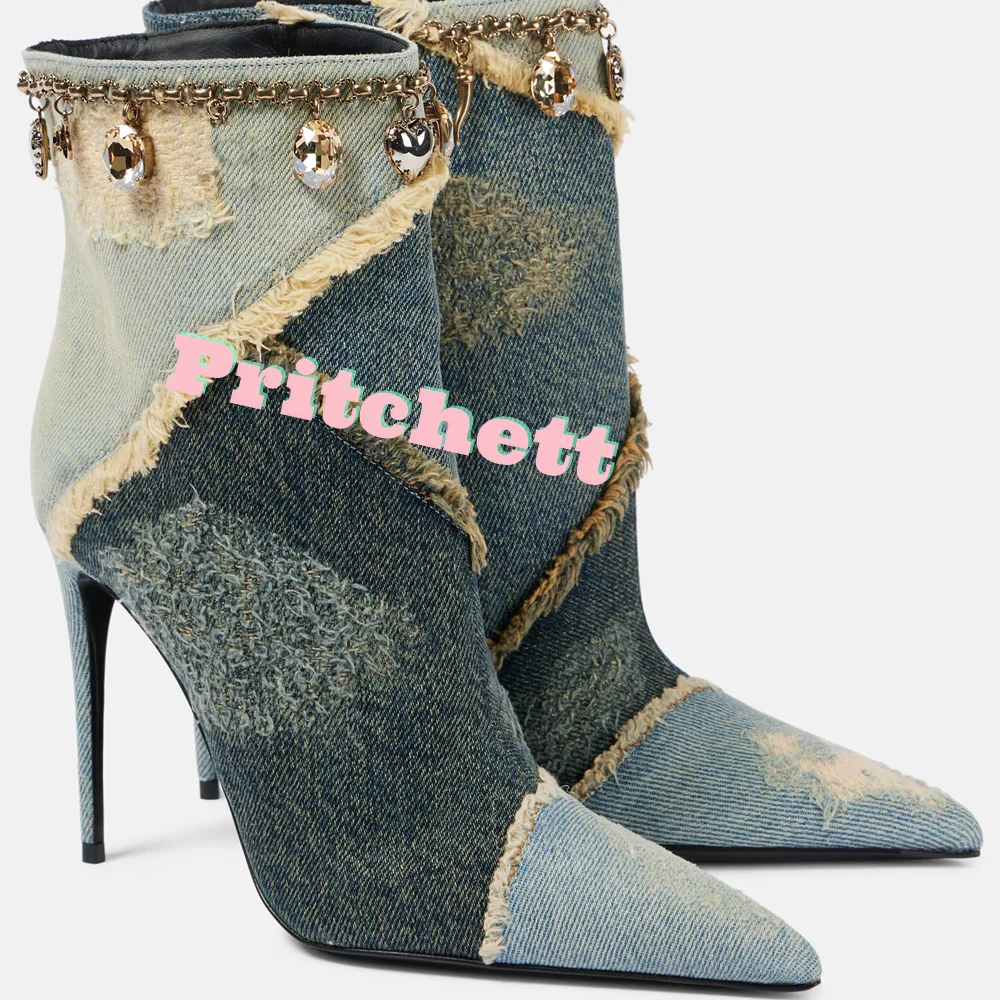 Embellished Retro Denim Ankle Boots Pointed Toe Mix Color Denim Thin High Heels Women Stilettos Pull-on Luxury 2025 New Shoes