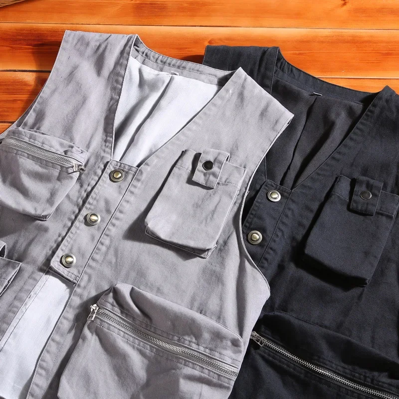 

100% Cotton Vest Workwear Outwear Men Clothing Spring Autumn Sleeveless Trendy Mulit Pockets Cargo Work Men's Jacket Waistcoats