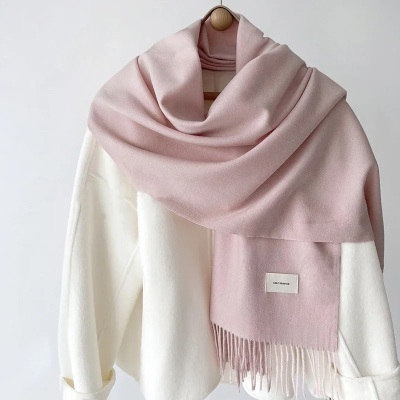 Women Winter Solid Color Scarf Imitation Cashmere Soft Brown White Warm Knitted Woolen Ins Neck Pashmina Big Shawl