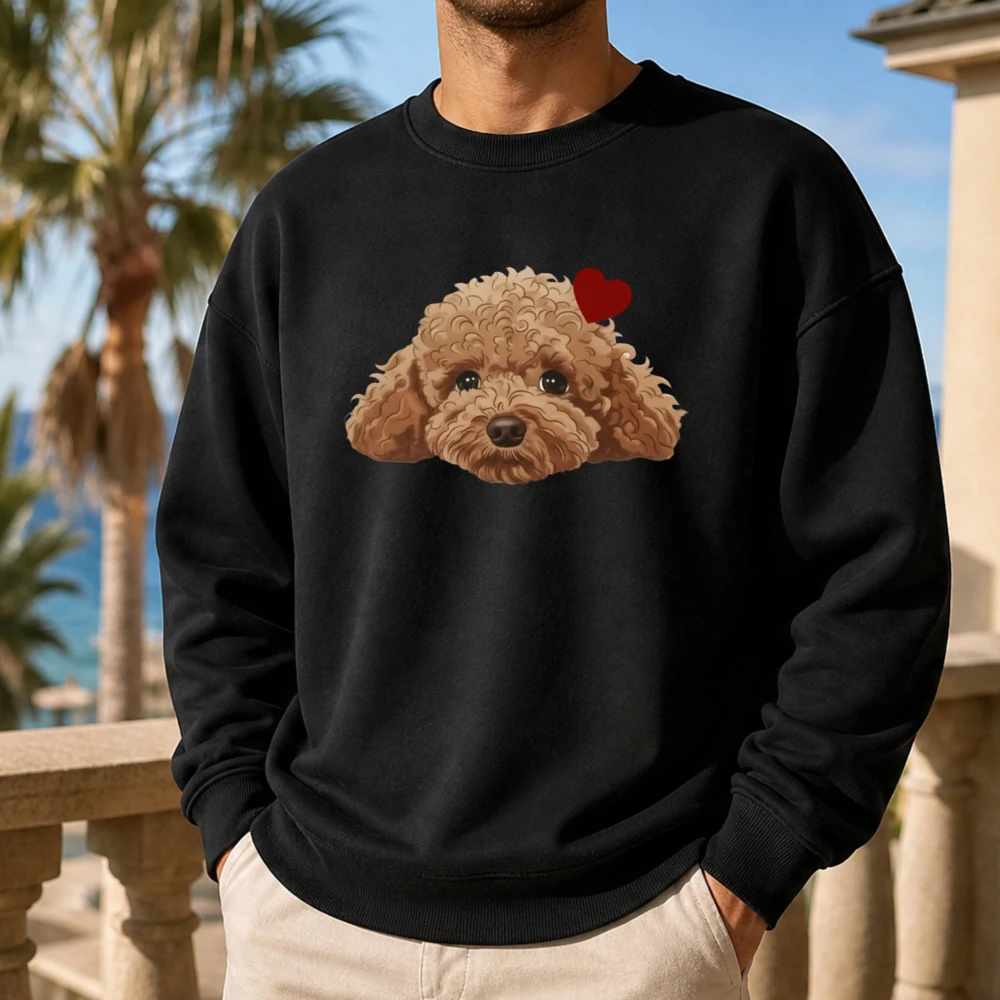 Mens Dog Lover Crewneck Sweatshirt Cute Brown Poodle Puppy Head With Red Heart Pet Owner Casual Pullover