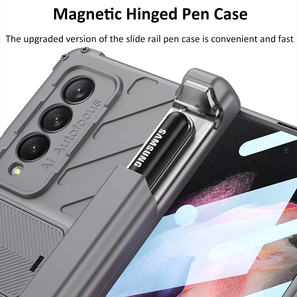 Magnetic Hinge Protection Case for Samsung Galaxy Z Fold 3 5G Built-in S-Pen Slot Hidden Kickstand Front Screen Protector Cover