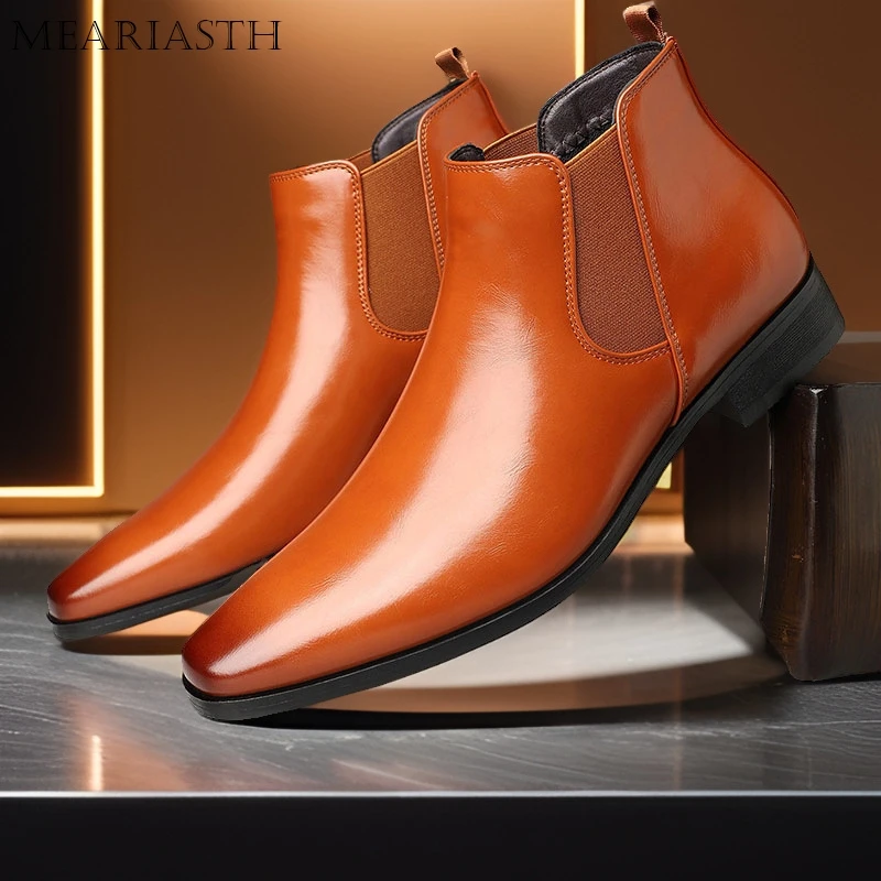 Fashion Men's Chelsea Boots Handmade Leather Shoes 2023 Autumn Winter Square Head PU Ankle Boots Business Casual Men Short Boots