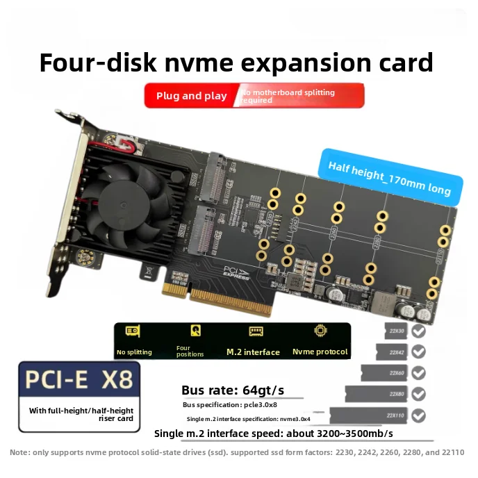 2025 NEW Driver-Free Split-Free Four-bay NVMe Adapter Array Card Full-High Half-High Baffle Plx8747 Expansion Card 64GT/S