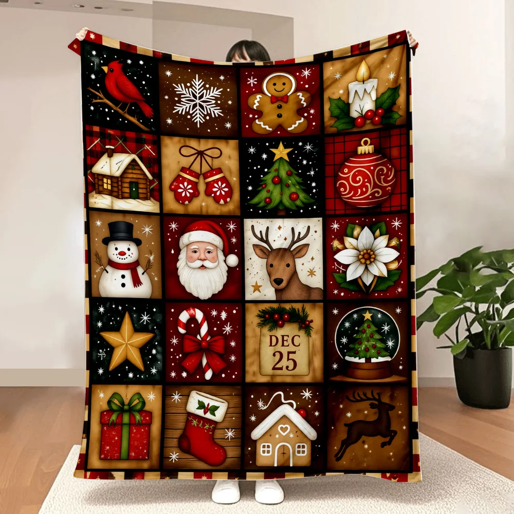 1PC Christmas Elements Patchwork Print Blanket — Made of soft, fluffy flannel, perfect for a sofa, bed, or chaise longue. Ideal