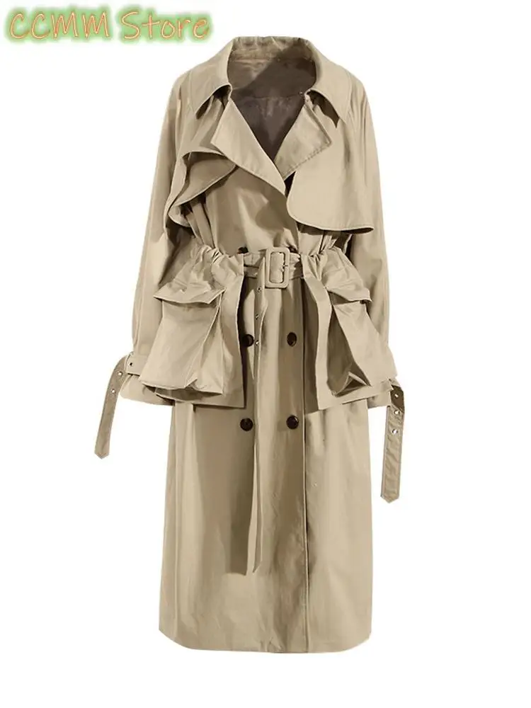 Women Khaki Pocket Big Size Long Trench New Lapel Long Sleeve Loose Fit Windbreaker Fashion Spring Autumn