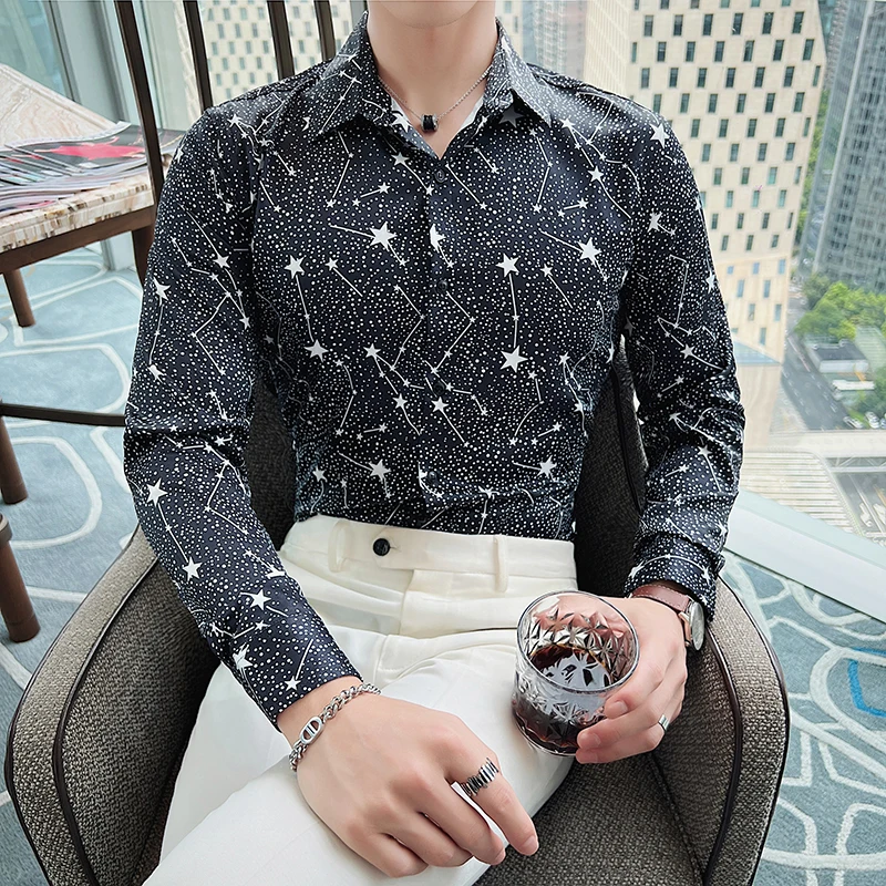 Long-sleeved Star Polka Dot Printed Shirts for Men Autumn Spring Streetwear Mens Designer Shirt Nightclub Prom Camisa Masculina