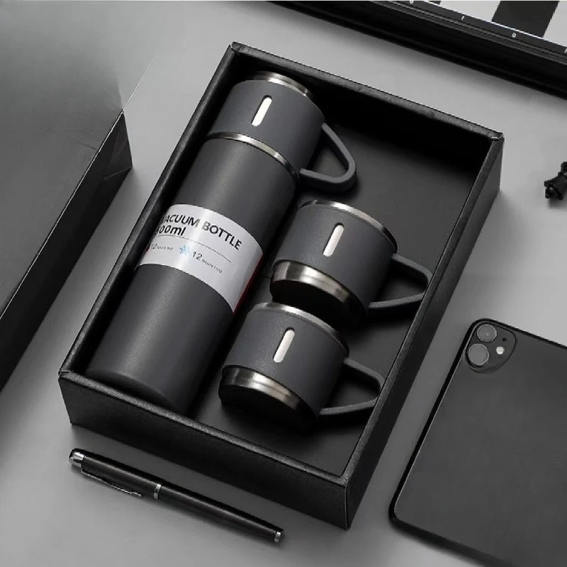 

​Business Stainless Steel Vacuum Thermos, 3-Lid Gift Set with Leather Case for Office Travel Camping Hot Cold Drink