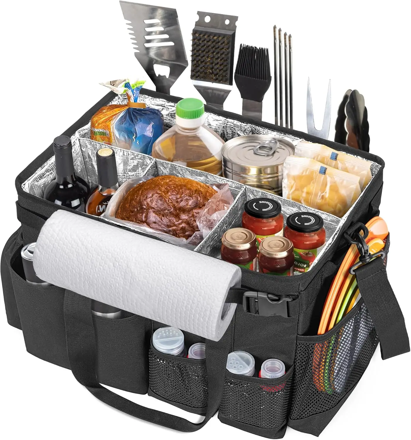 

Large BBQ Grill Utensil Caddy with Paper Towel Holder, Outdoor Picnic Bag Organizer for Camping Gear Essentials, Black