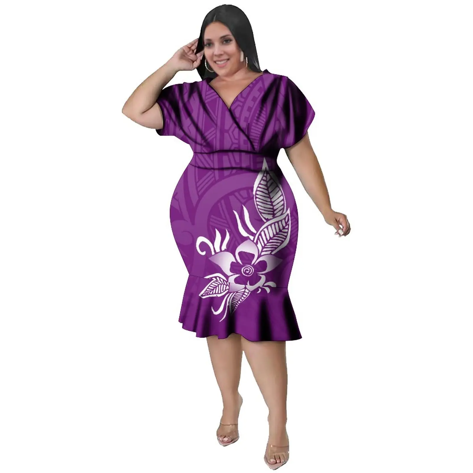 Custom Big People 5XL Milk silk Washable Dress Purple Polynesian Samoan Casual Dress Pacific Island Art Personality Slit Dress