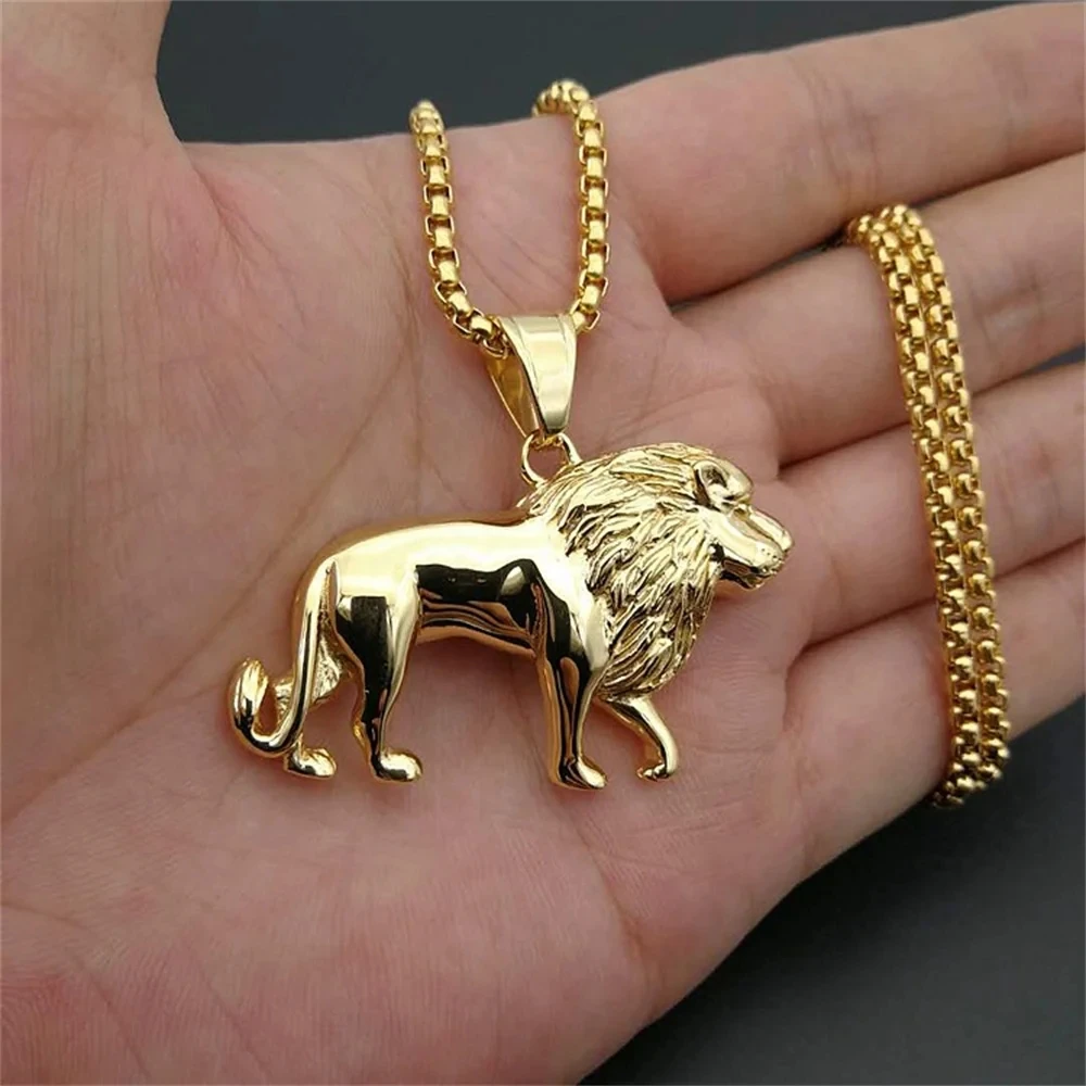 Stainless Steel Lion Necklace for Women/Men,Gold Color Lions Head Pendant Animal Jewelry,Africa Lion Ethiopian Best Gift