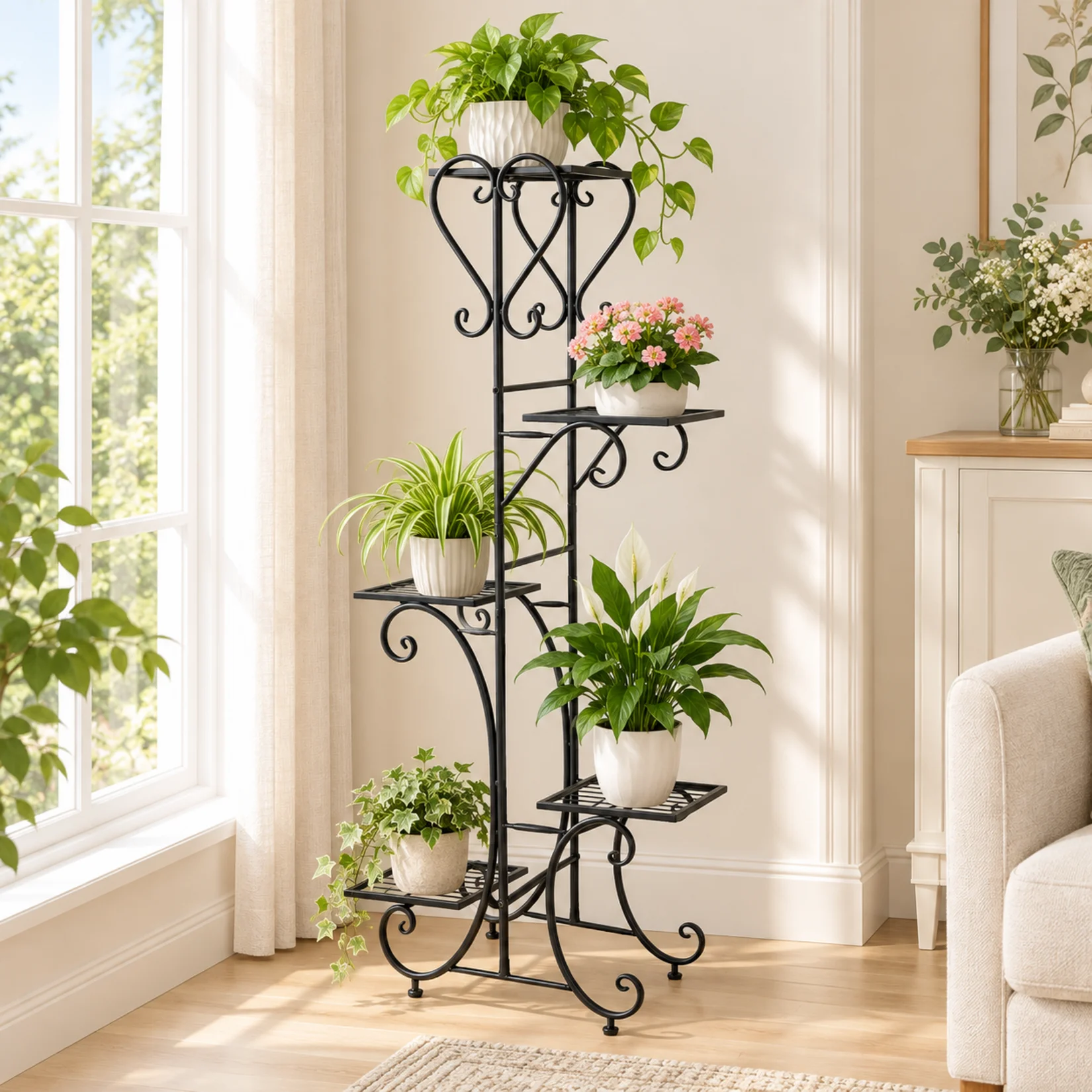 5 Tier Metal Plant Rack with Adjustable Feet, Space-Saving Vertical Flower Stand for Indoor and Sheltered Outdoor Use