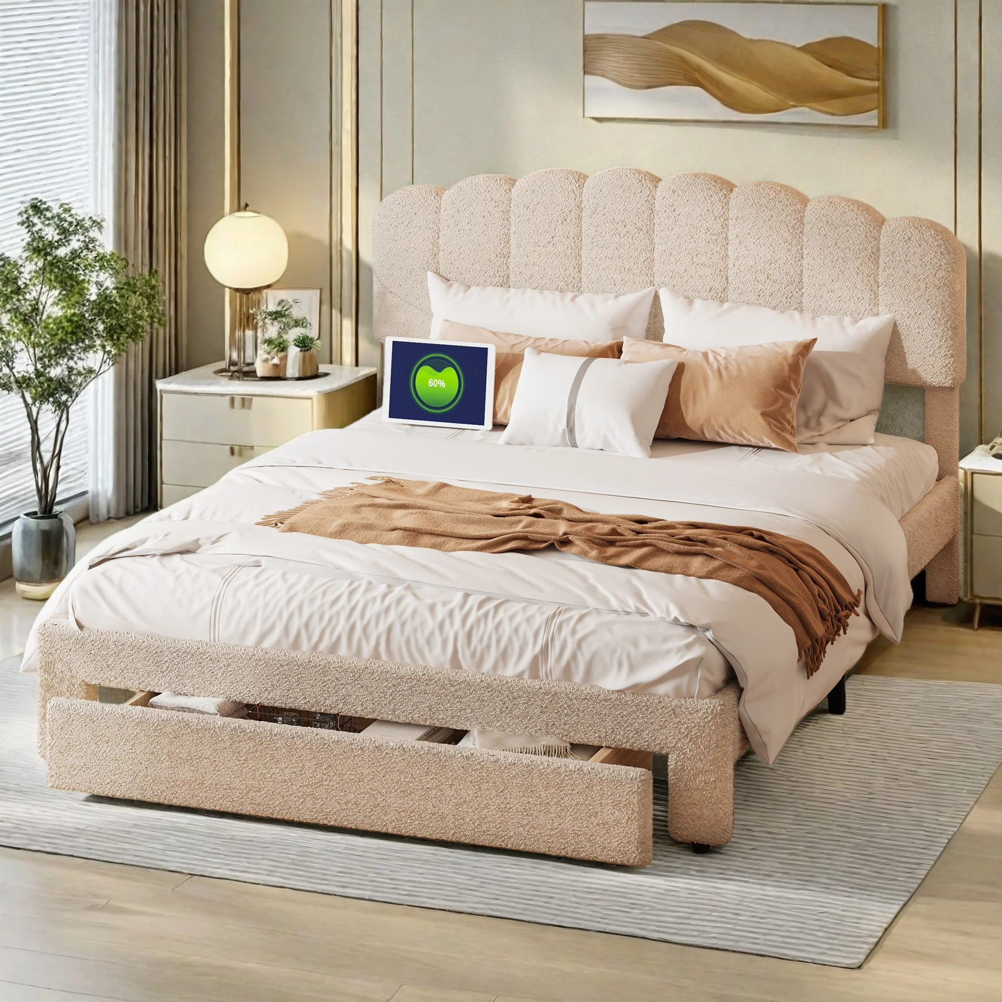 Cadre de lit double Comanlai avec tiroirs de rangement et port de charge USB, lit rembourré beige, 140×200 cm, mobilier de chambre moderne