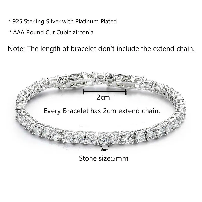 5mm 925 Sterling Silver Round CZ Stone Tennis Bracelet For Women Pulseras Pulseira Bracelete Jewelry Bileklik Bracciali 15-20cm