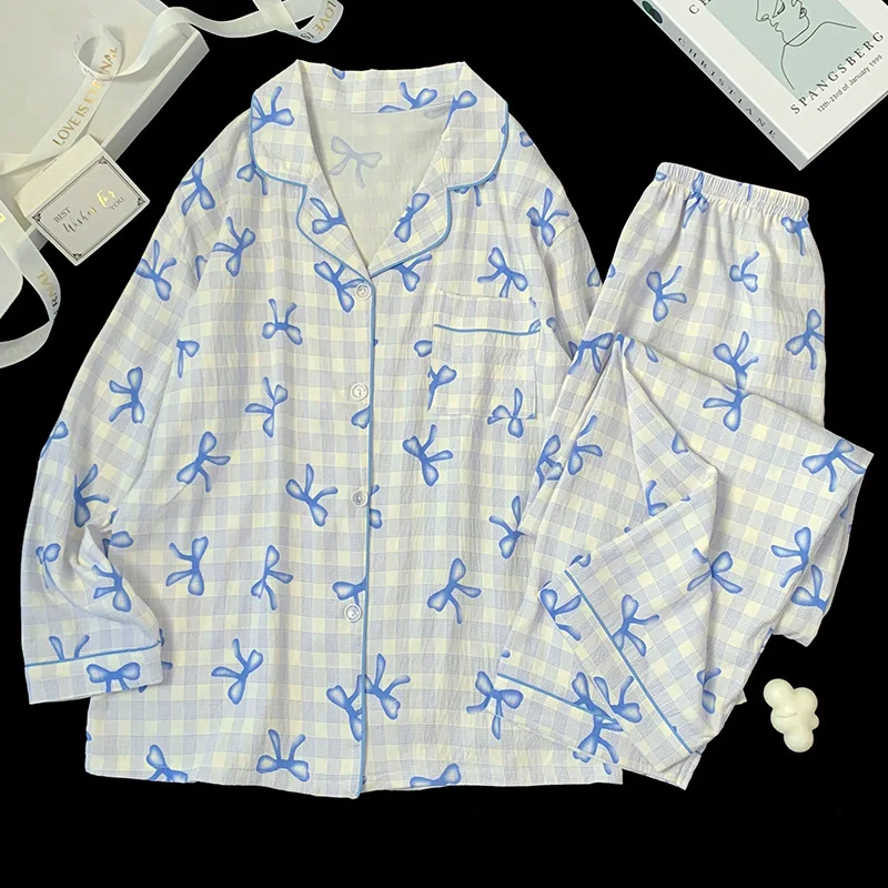 Spring and Autumn Two-Piece Set of Ladies Pajamas Homewear New Clouds of Cotton Long-Sleeved Pants Sweet Bow Home Clothing