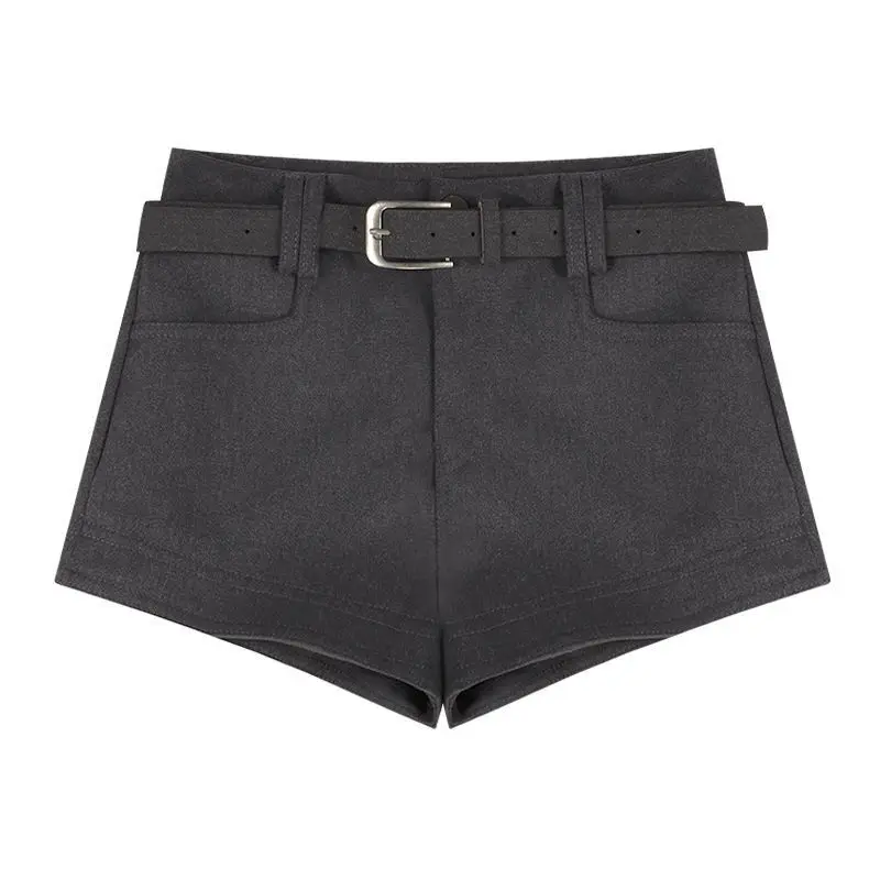 กางเกงขาสั้นผ้าขนสัตว์สีน้ำตาลเข้มเอวสูงสไตล์อเมริกัน สำหรับคนตัวเล็ก ใส่ได้ทั้งฤดูใบไม้ร่วงและฤดูหนาว สไตล์ลำลอง ใส่ได้หลากหลาย ช่วยให้ดูผอมเพรียว