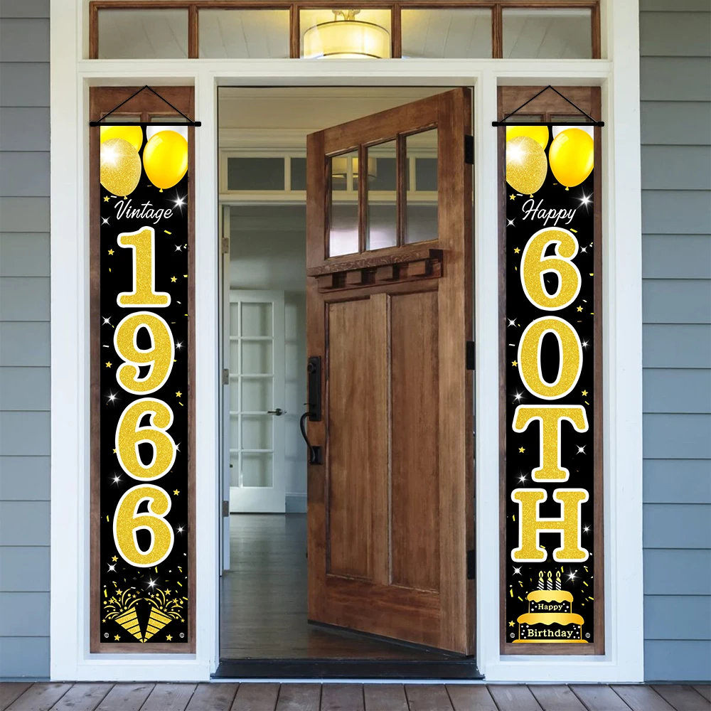 Schwarz-Gold Retro 60. Geburtstag Türschild-Set, Vintage 1966 Themenbanner „Prost auf 60 Jahre“ für die Veranda mit Ballon- und Kuchenmotiven – Detail 2