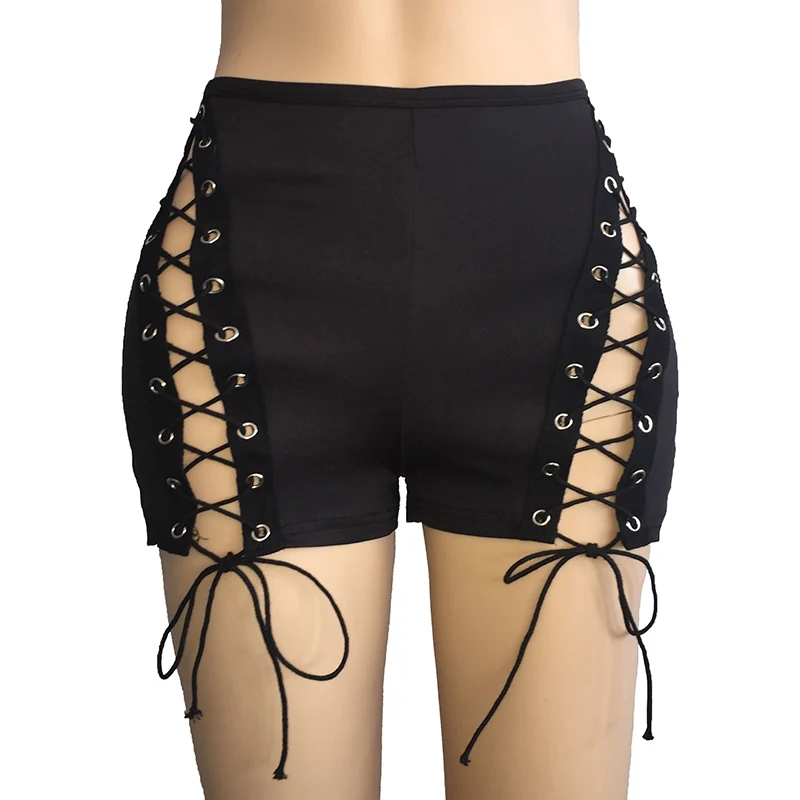 Ropa de Rave para mujer, pantalones cortos vaqueros con vendaje Sexy, ropa de calle de cintura alta ahuecada, pantalones cortos vaqueros ajustados