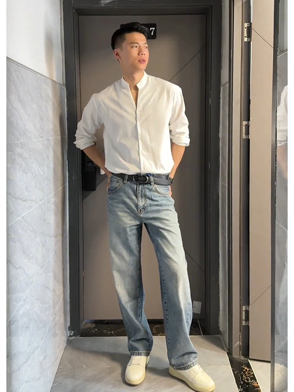 

Cleanfit Blue Men's Jeans Straight Leg Vintage Waed American Sle Slimming Trousers Faionable Autumn Collection