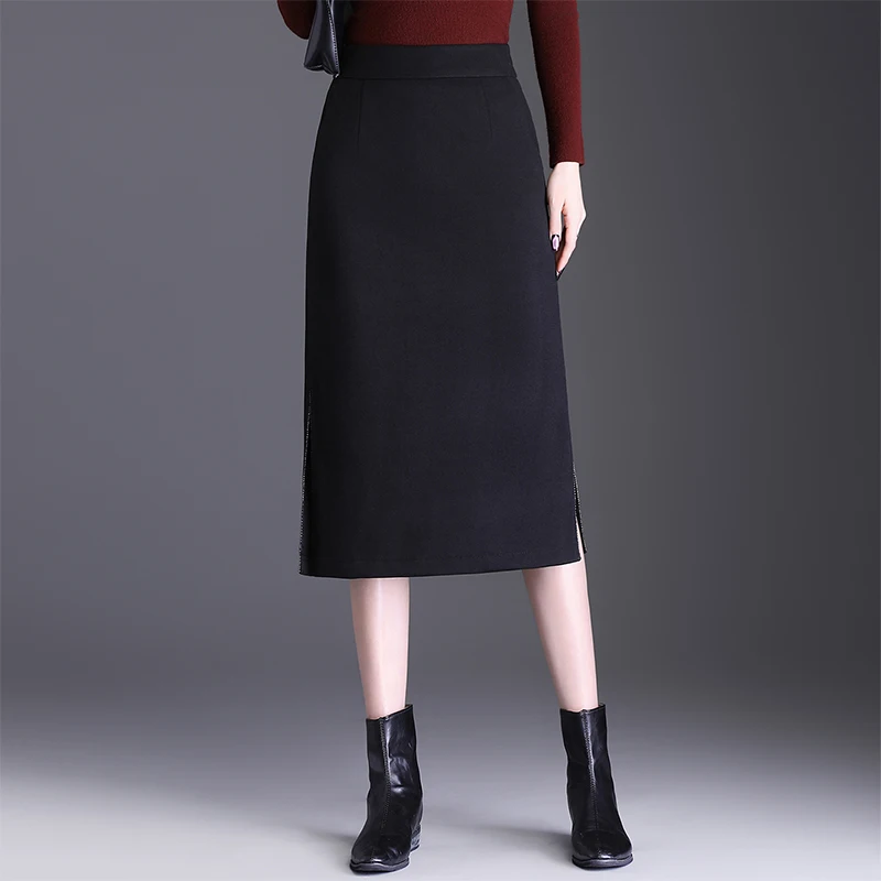 

Женская шерстяная юбка-карандаш с высокой талией и двойным разрезом, модная деловая модель для осени и зимы, из полиэстера