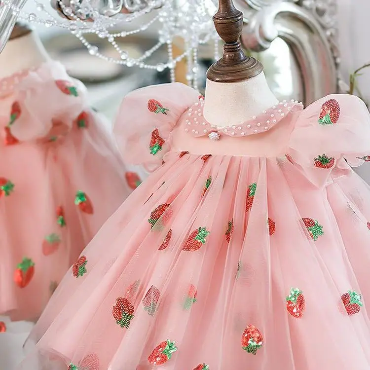 Baby Girls Cute Doll Collar Beading Strawberry Patterns Design Princess Ball Gown Children Birthday Party Fulffy Dress y1024