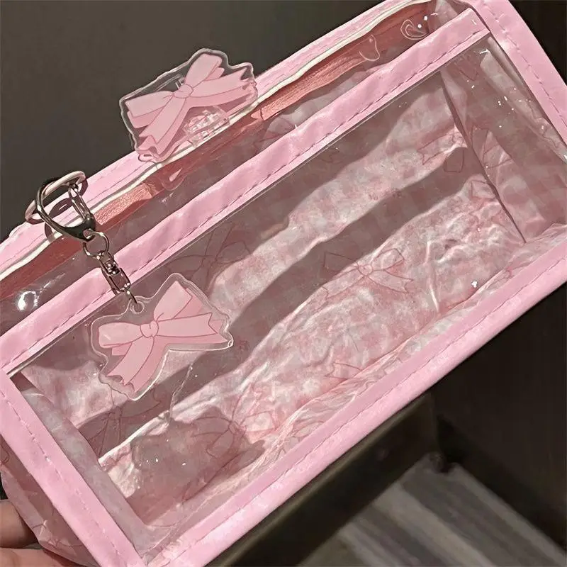 New·Bow Zipper Transparent Pencil Case Box Student Stationery Storage Bag Large Capacity Makeup Bag Cartoon Zipper Pen Bag·