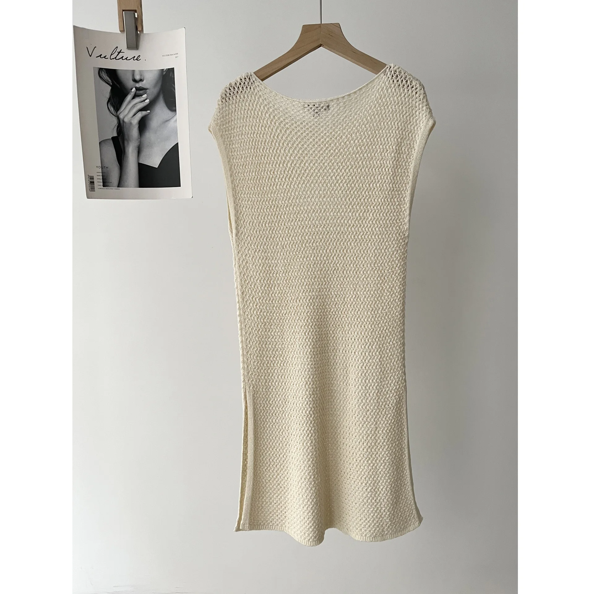 سترة نسائية صيفية جديدة محبوكة بفتحة جانبية مجوفة متوسطة وطويلة الأكمام 16A #2