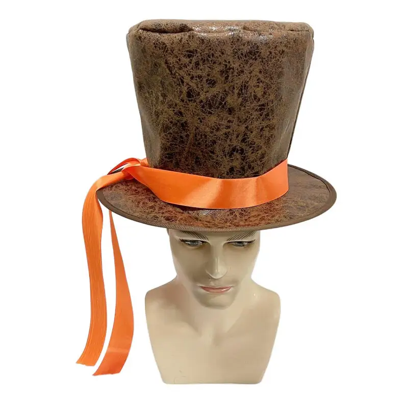 Vintage Victorian Top Hat Steampunk Black Brown Faux Leather Cylinder Hat with Orange Ribbon for Halloween Circus Cosplay Prop