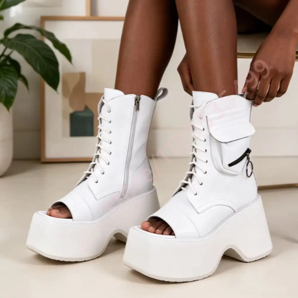 2026 Summer New White Open Toe Platform Ankle Boots for Women Pocket Zip Detail Lace Up Chunky Wedge Goth Punk Sandal Boots