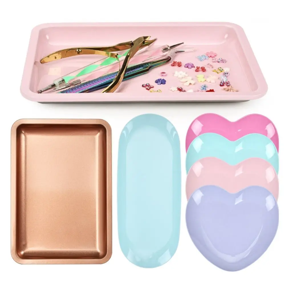 New Stainless Steel Cosmetic Storage Tray Solid Color Heart Shape Nail Art Equipment Square Rectangle Manicure Tool