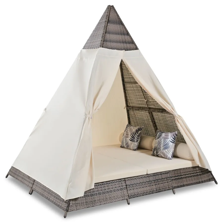 

GO 90.5 Length Outdoor Sunbed With Colorful Pillows Wicker Patio Daybed With Cushions Tent Shape Brown and Beige