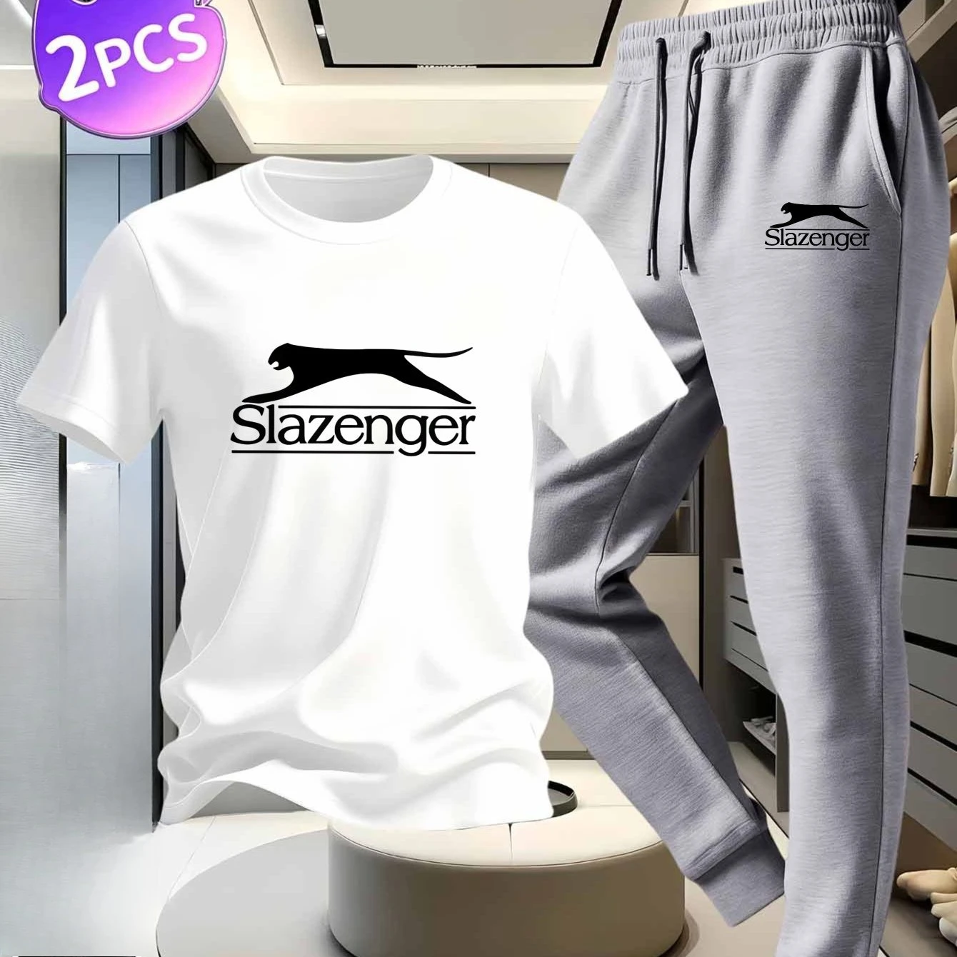 

Cotton Short Sleeve T-Shirt & Sports Pants Set, White & Black, Leaping Leopard & Letter Print, Perfect for Fitness & Casual Wear