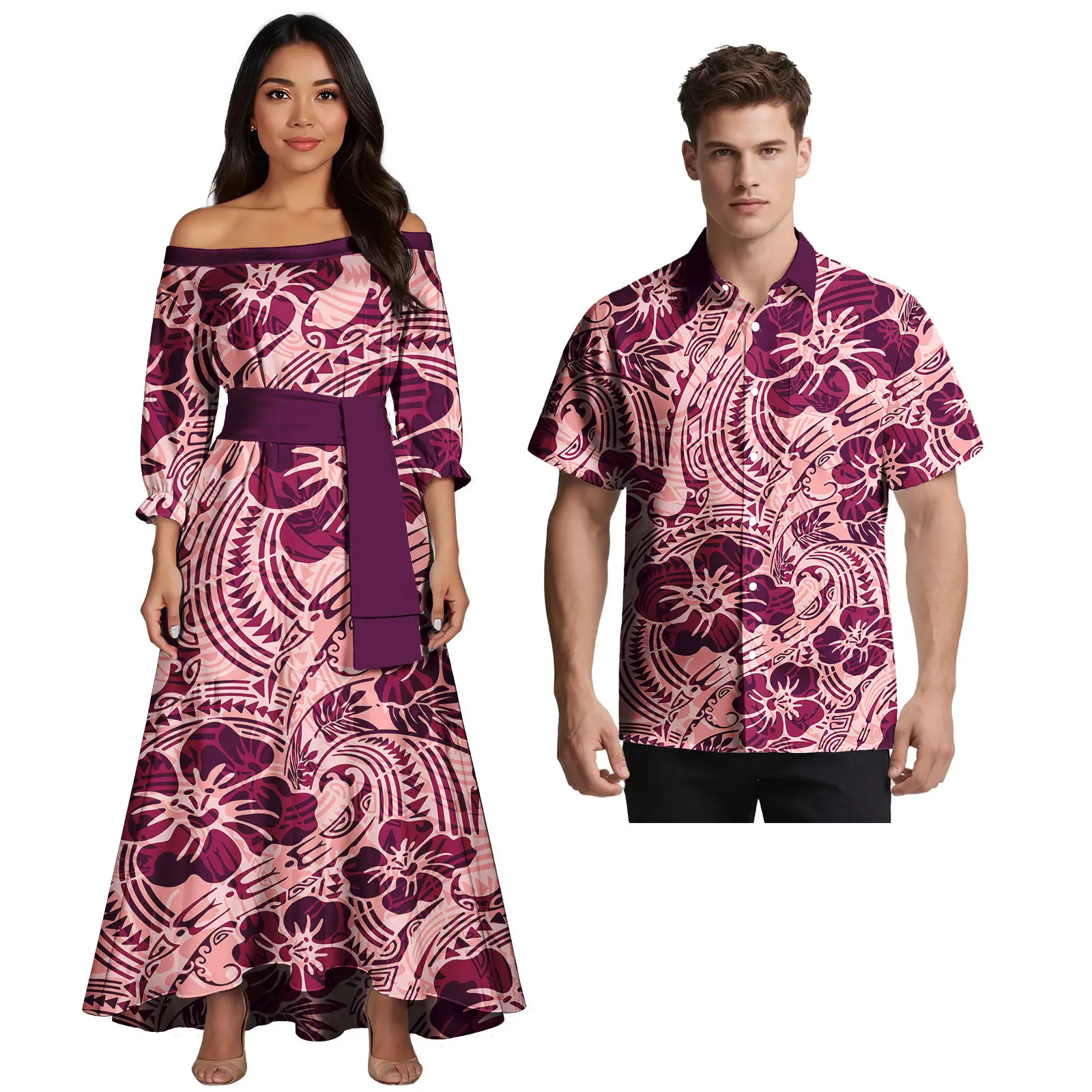 Prom Couple Suits Women Slim Sexy Dress Polynesian Pattern Matching Short Sleeve Men's Hawaii Shirt Plus Size Wholesale