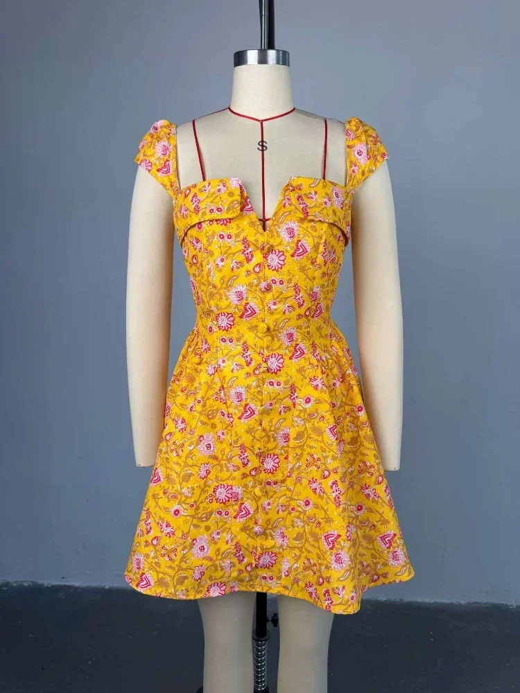 Temperament Square Neck Hohe Taille A-line Kleid Fashion Floral Gedruckt Unregelmäßige Party Kurzes Kleid Sommer Casual Halter Kleid