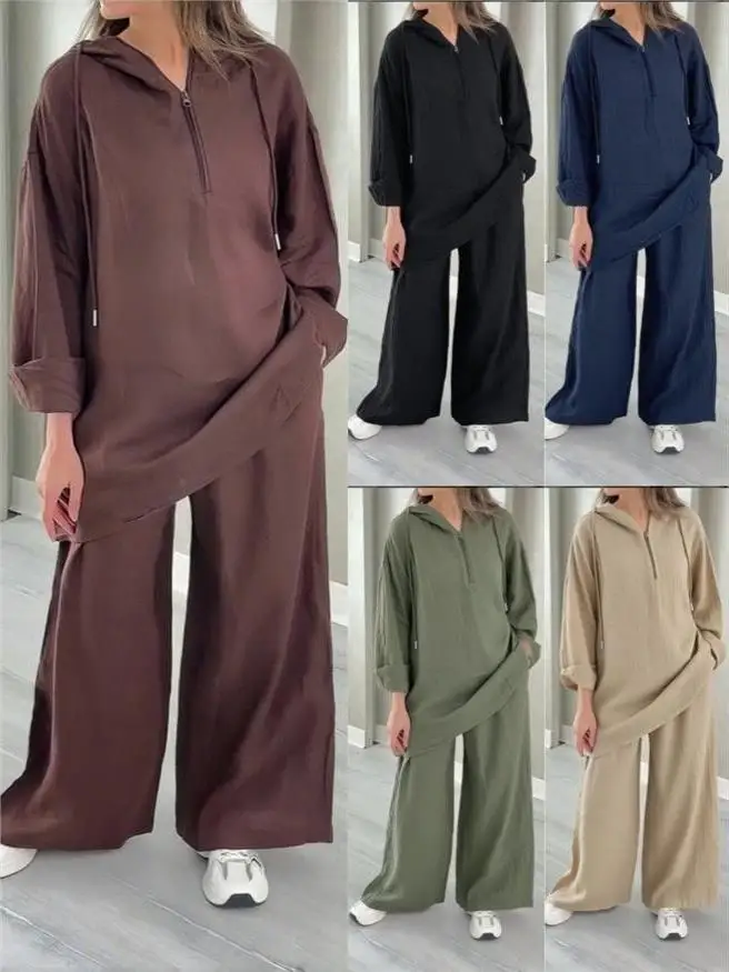 

Laid-ba Sle, комплект из широких брюк с капюшоном, женский топ на молнии, одинаковый комплект, повседневный удобный костюм