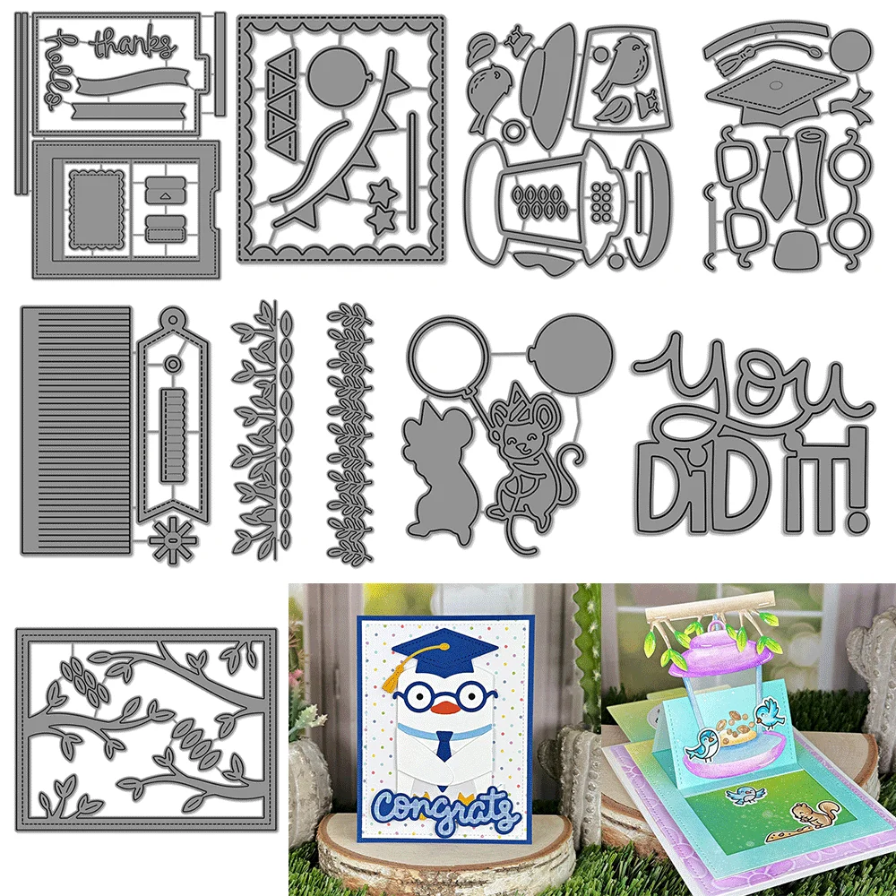 Pop Up Metal Cutting Dies Set, Graduation Squirrel Bird Folding Card Dies for Card Making Scrapbooking Craft